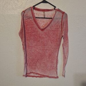 Poof! Sheer Red Long Sleeve V-Neck Top